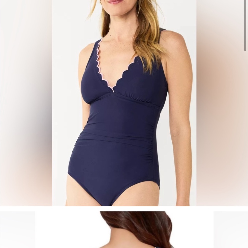 Draper James Scalloped Navy One-Piece Swimsuit pink trim